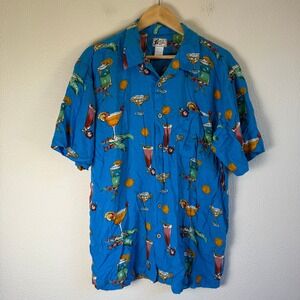 Cherokee Waikiki Wear Button Down Mens L Blue Good Tropical Cocktail Rayon Shirt
